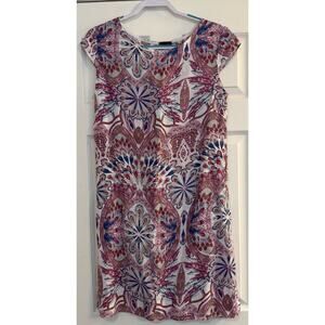 Luca Vanucci Dress Sz MED 100% Linen Floral Cap Sleeve Scoop Neck Spring Easter